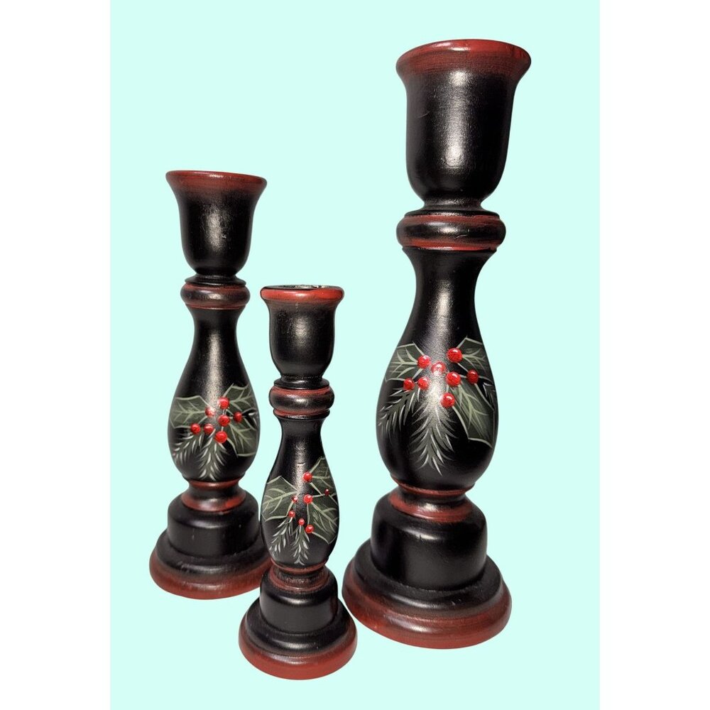 Hand-Painted Holly Berry Wooden Candle Holder rustic farmhouse christmas vintage